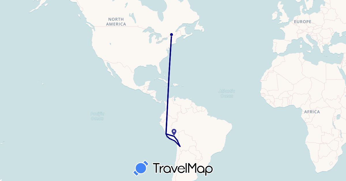 TravelMap itinerary: driving in Bolivia, Canada, Peru (North America, South America)